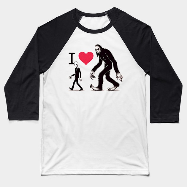 I Love Monsters, Cryptids, and Creepypasta Baseball T-Shirt by TeeTrendz